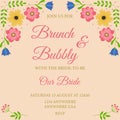 Brunch and bubbly. Bridal shower invitation with colorful flowers frame on pink background.