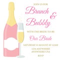 Brunch and bubbly. Bridal shower invitation with glass of champagne and pink bottle on white background.