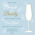 Brunch and bubbly. Bridal shower invitation with white glass of champagne on blue background.