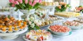 Brunch buffet. Food and snacks, variety of meats, cheese selections, eggs and pastries. Colorful spring flowers Easter decoration