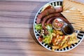 Brunch with german sausage, cereal, French fries and toast Royalty Free Stock Photo