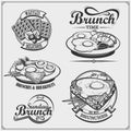 Brunch menu labels, icons and design elements. Delicious pancake, waffles, eggs and sandwich.