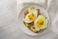 Brunch sandwich with fried egg, avocado and bacon on a white plate and a light wooden table, high angle view from above, copy Royalty Free Stock Photo