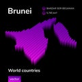 Brunei 3D map. Stylized striped isometric neon vector Map of Brunei is in violet and pink colors on black background