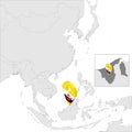 Brunei Darussalam State Location Map on map Asia. 3d Brunei flag map marker location pin. High quality map of Brunei. Southeast A