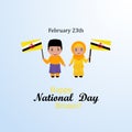 Brunei National Greeting Card. Happy Independence Day. Children in national costumes keep flags