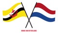 Brunei and Netherlands Flags Crossed And Waving Flat Style. Official Proportion. Correct Colors