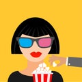 Brunet girl at the Cinema theatre in 3D glasses Hand steal popcorn. Black dress Flat dsign style icon.