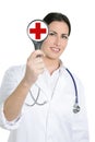 Brunette beautiful woman doctor red cross