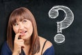 Brunette beautiful woman finger mouth thinking against blackboard chalkboard big question mark Royalty Free Stock Photo