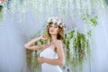 Brunette bride in fashion white wedding dress with makeup Royalty Free Stock Photo