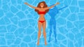 Woman swimming in the pool. Young smiling model floating on water. Top view, Summertime, holidays. Vector illustration in flat tre