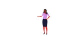 Brunette businesswoman pointing hand something female office worker business woman standing pose full length character