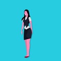 Brunette businesswoman successful team worket concept female cartoon character full length flat blue background