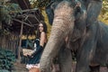 Brunette elephant trainer feeding her pet