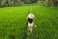 Woman walking in rice fields with traditional balinese straw hat in Ubud