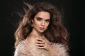 Brunette in fashion fur coat. Beauty portrait of gorgeous b Royalty Free Stock Photo