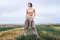 Brunette in fashionable clothes with bare shoulders standing in a wheat field on green grass. Woman holds her hands in pants Royalty Free Stock Photo