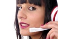 Brunette female support phone operator in headset, close up Royalty Free Stock Photo