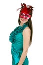 Brunette girl in a blue dress and mask Royalty Free Stock Photo