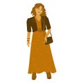 Brunette girl in boho outfit . Modern women in in a long dress with a print and a belt and short jaket . Vector