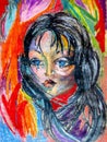 Brunette girl crying in vivid colors. Artistic hand drawing.