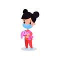 Brunette girl doctor in medical mask holding pink bunny toy, kid playing doctor vector illustration