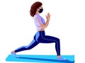 Brunette girl dressed in pink top, blue leggings, white socks and surgical mask doing yoga on blue training mat