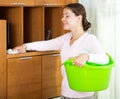 Brunette girl dusting furniture at home Royalty Free Stock Photo