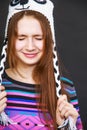 Brunette girl in hat panda Royalty Free Stock Photo