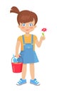 Brunette Girl Holds Flower and Bucket with Shovel