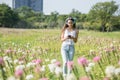 Brunette girl listen music in park Royalty Free Stock Photo