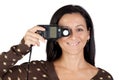 Brunette girl with a photometer Royalty Free Stock Photo