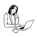 brunette girl with quads works in the office behind a laptop monochrome, vector illustration websites