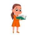 Brunette Girl Reading Book while Standing, Adorable Preschooler Kid or Elementary School Student Enjoying Literature