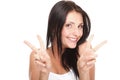 Brunette girl smile shows you peace sign isolated Royalty Free Stock Photo