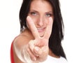 Brunette girl smile shows you peace sign isolated Royalty Free Stock Photo