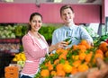 Brunette girl and smiling boyfriend buying citruses Royalty Free Stock Photo