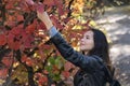 Brunette girl tears leaves from tree for herbarium. Beautiful young woman in the forest. Autumn Park Royalty Free Stock Photo