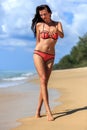 Brunette happy girl walking in the beach shore Royalty Free Stock Photo