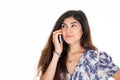 brunette happy young girl talking phone in hand on white background Royalty Free Stock Photo