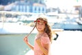 Brunette kid teen girl in Mediterranean port Spain Royalty Free Stock Photo