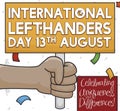 Brunette Left Hander, Holding Sign for International Left Handers Day, Vector Illustration