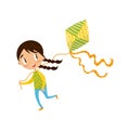 Brunette little girl playing kite, cute cartoon character vector Illustration on a white background Royalty Free Stock Photo