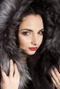 Brunette with long beautiful hair, dressed in a coat. Cool young girl. Professional makeup. Winter theme. Red lips. Royalty Free Stock Photo