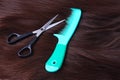 Brunette long hair with green comb and scissors