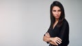 Brunette model girl wearing stylish black dress. woman portrait with perfect makeup, Beauty trends. panoramic photo Royalty Free Stock Photo