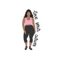 Brunette nice plump woman with curvy body, girl in a trendy fashion sportive clothes, flat vector illustration. Fullsize