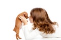 Brunette profile girl with dog puppy mini pinscher