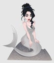 Brunette shark mermaid isolated sitting on the cliff